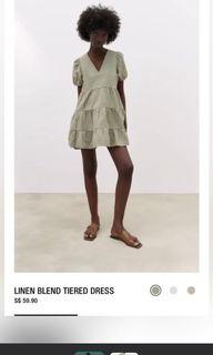 Zara Linen Blend Tiered Dress in Khaki