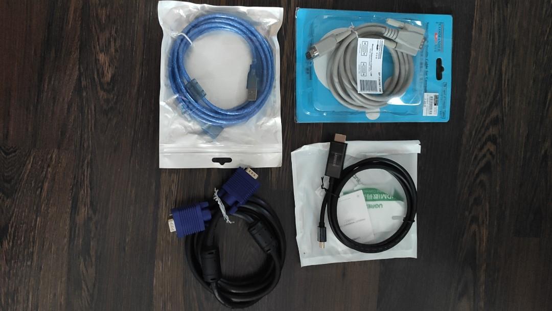 Assorted Computer Cables - HDMI-Display Port, VGA, USB extender (Category: Cables & Adaptors) located in Las Pinas. Submitted by coolbear.1cc181 (Listing ID 1128321702, Image 1). Description: Assorted video cables; - 2xVGA - 1 x USB cable extender - 1 x Display Port to HDMI cable (defect: loose connector, video signal drops when moved. UGREEN brand, unused, package opened to test) GCash..