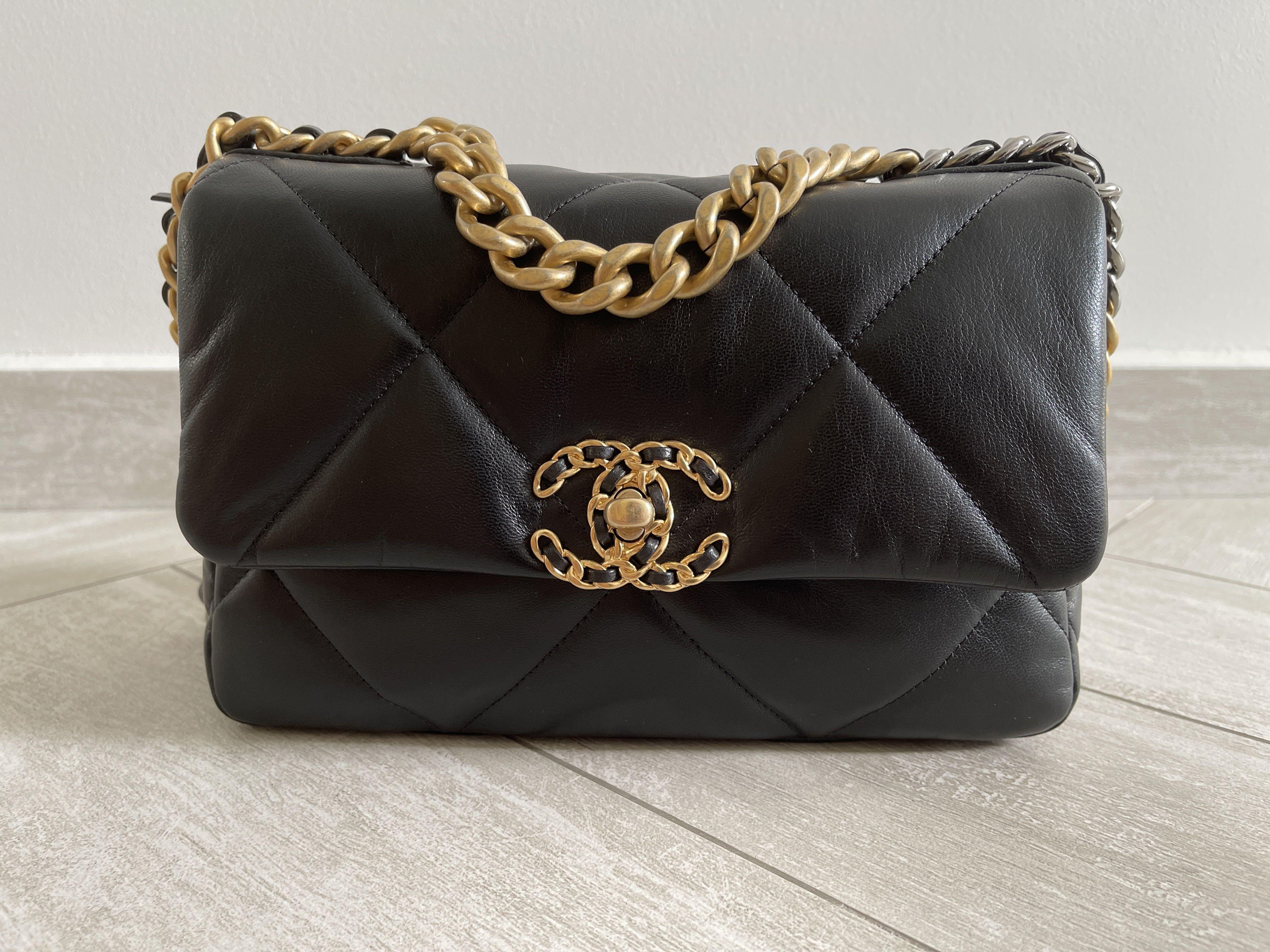 Chanel 19 Small in Black GHW, Goatskin Leather