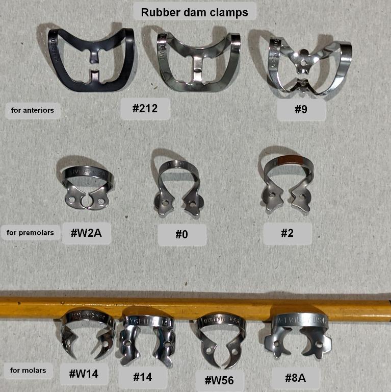 dental rubber dam clamps (Category: Medical Supplies & Tools) located in Manila. Submitted by binondodentist (Listing ID 1128491450, Image 1). Description: for sale: dental rubber dam clamps (Hu-friedy, Ivory, Hygenic brands) most clamps in 'like new' condition 8-2024 UPDATE: REFER TO 2ND PICTURE FOR TABULATED LIST OF AVAILABLE RUBBER DAM CLAMPS BY BRAND/BY MODEL/BY VARIANT available models - #0, #2, #W2A, #W3, #W7, #8A, #W8A, #9, #12A, #14A, #W1