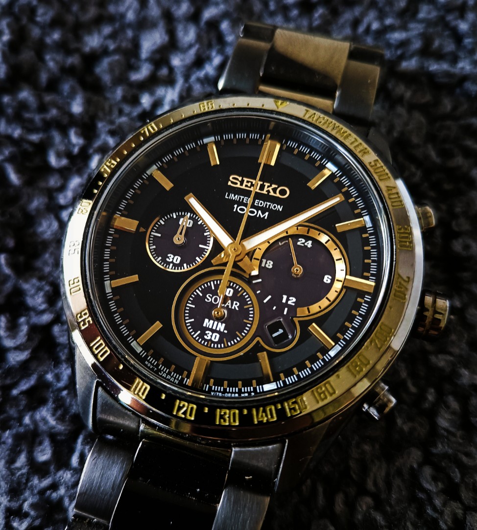 ? . Seiko Gold Black Solar Chronograph Quartz Watch SSC437P1, Men's  Fashion, Watches & Accessories, Watches on Carousell