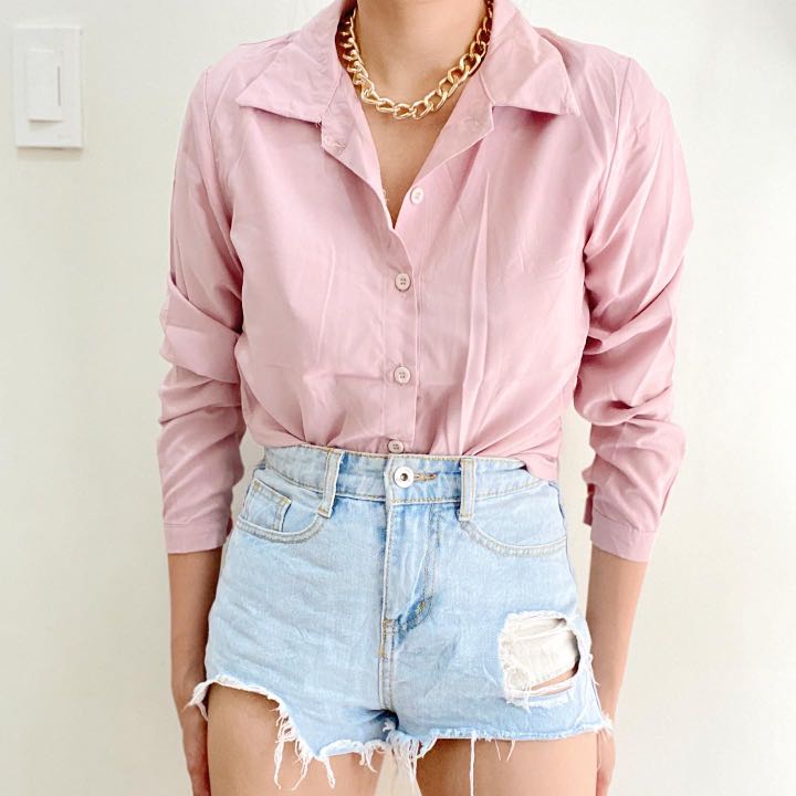 women's light pink button down shirt
