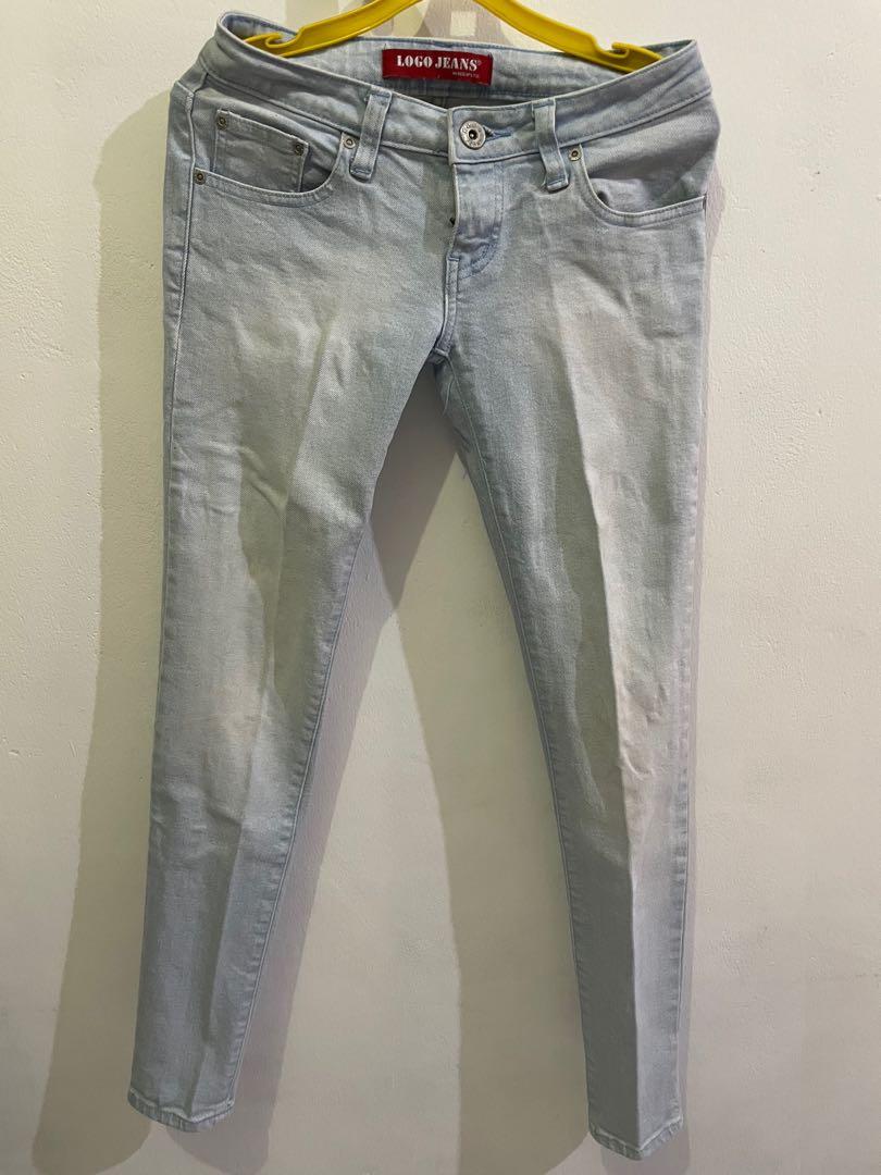 Logo white blue jeans - skinny, Fesyen 