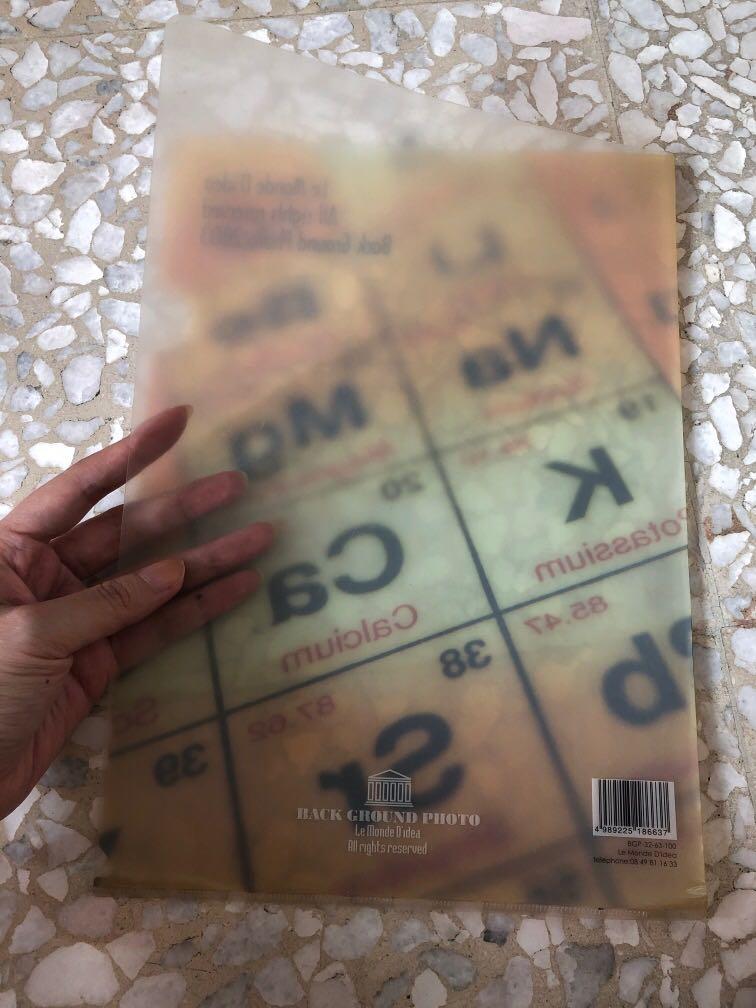 Plastic folder (Category: Stationery & School Supplies) located in Singapore. Submitted by chasminty (Listing ID 1128354757, Image 2). Description: Periodic table folder. Appropriate for science !.
