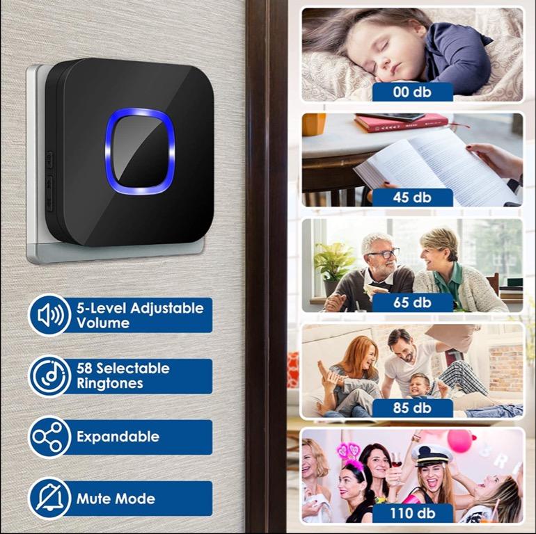 Wireless Doorbell, Battery Operated Cordless Door Bell,45 Chimes & 4-level  Volume Mute Mode Included(eu Plug)