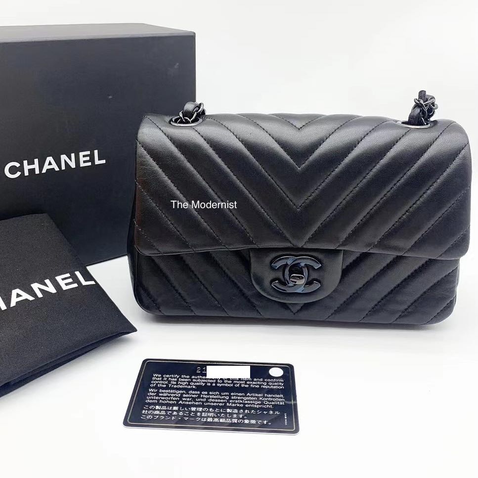 Authentic Chanel So Black Chevron Lambskin Mini Rectangular Flap