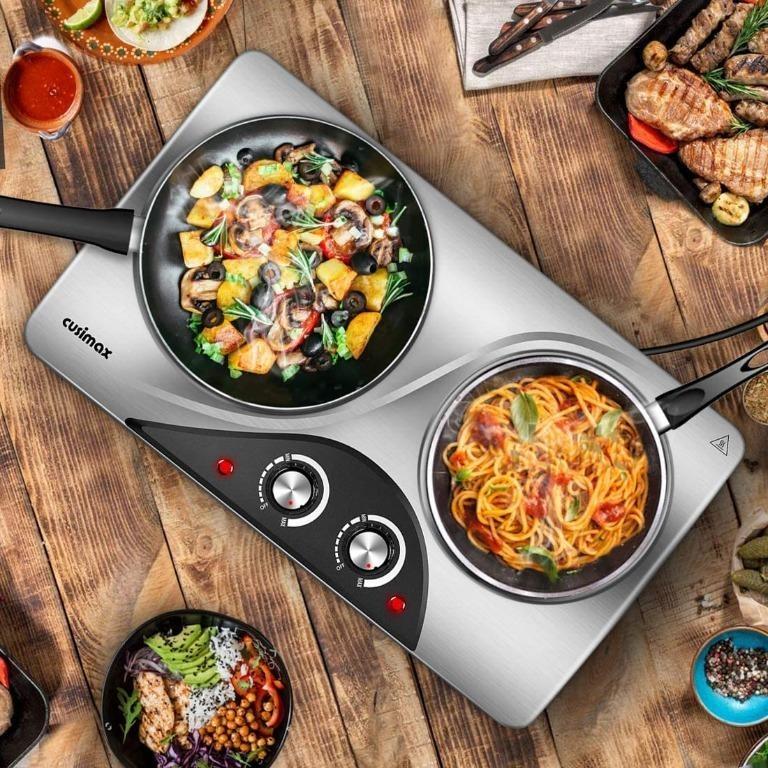 C2190] CUSIMAX Electric Double Hot Plate for Cooking Portable Electric Hob,  Cooktop Table Top Hob with 2 Cast Iron Portable Hob Rings Electric Burner  with Dual Temperature Control, Stainless Steel, 2500W, TV