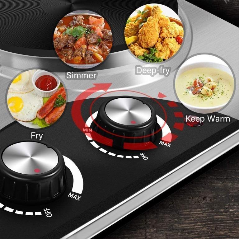 C2190] CUSIMAX Electric Double Hot Plate for Cooking Portable Electric Hob,  Cooktop Table Top Hob with 2 Cast Iron Portable Hob Rings Electric Burner  with Dual Temperature Control, Stainless Steel, 2500W, TV