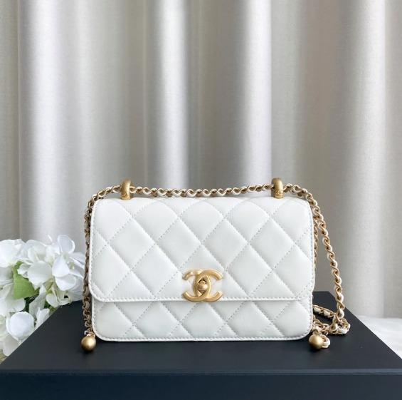 Chanel Pearl Logo Strap Flap Bag White