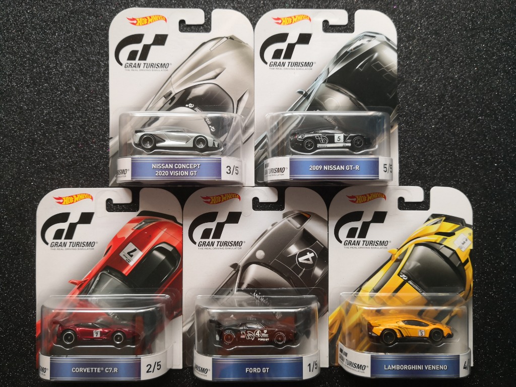 Hot Wheels Gran Turismo Retro Entertainment Set Of 5 Ford GT,Corvette  C7R,Nissan Concept 2020 Vision GT,Lamborghini Veneno & 2009 Nissan GT-R 