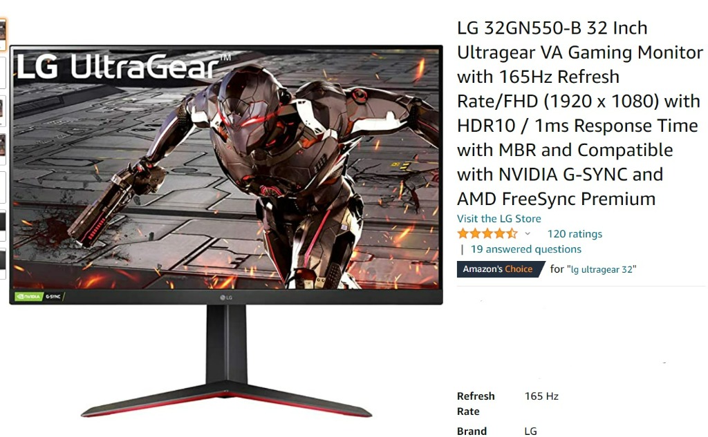 LG 32GN500- 31.5 Inch Ultragear VA Gaming Monitor with 165Hz