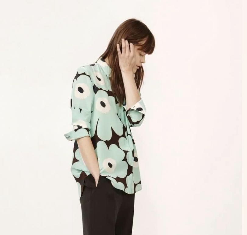Marimekko Unikko silk shirt authentic , 名牌, 服裝- Carousell
