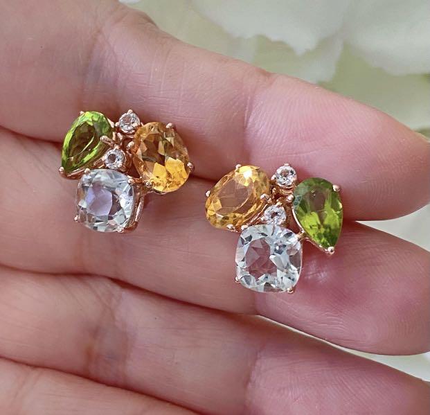 Peridot Purple Amethyst Sterling Silver Rose Gold Plated Earrings Green Amethyst Studs Blue Topaz and Peridot Natural Gemstone