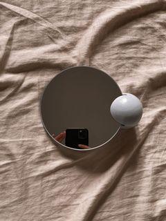 aesthetic round mirror with wood stand in gray