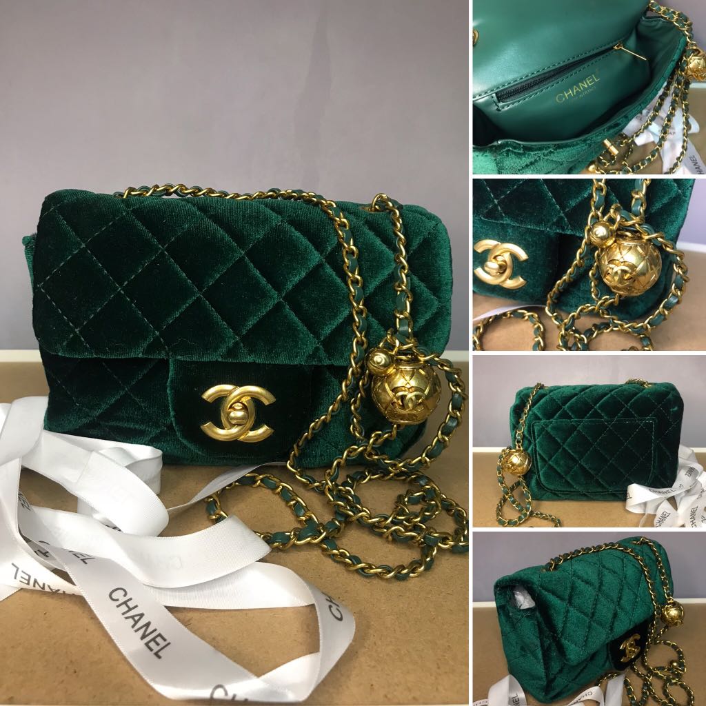 CHANEL MINI EMERALD GREEN VELVET Luxury Bags Wallets
