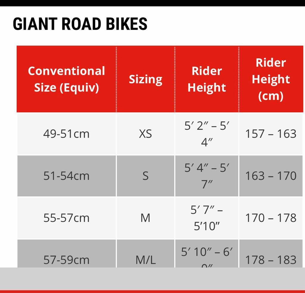 Giant road bike online size chart