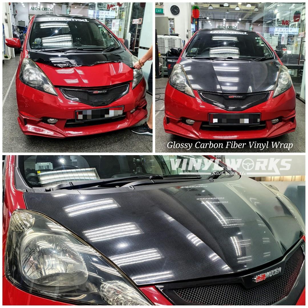 Honda Fit Glossy Carbon Fiber Vinyl Bonnet Wrap, Car Accessories 