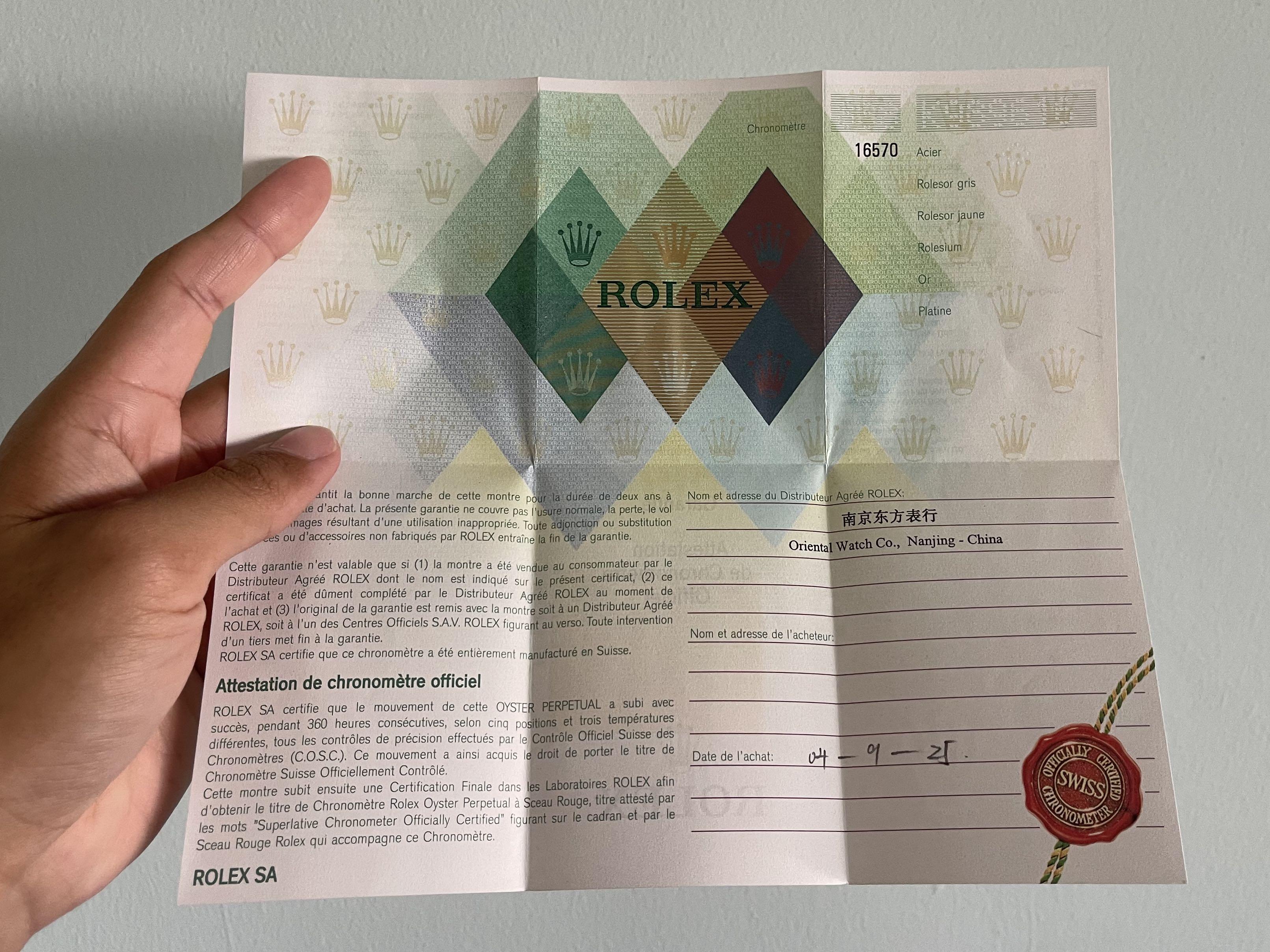 Rolex 16570 Certificate Paper Cert K Series 2001, Luxury, Watches on