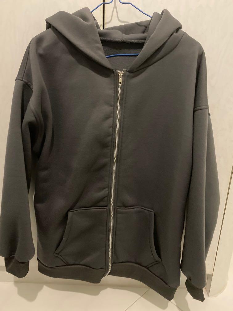 ulzzang charcoal grey oversized hoodie jacket, Women's Fashion, Coats, Jackets and Outerwear on