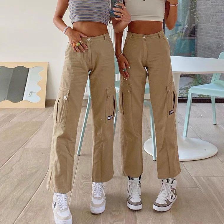 YiKeGuiHuaShu Kpop Beige Cargo Pants Women Streetwear Oversize Wide Leg  Trousers Female Korean s1 Beige XS at  Women's Clothing store