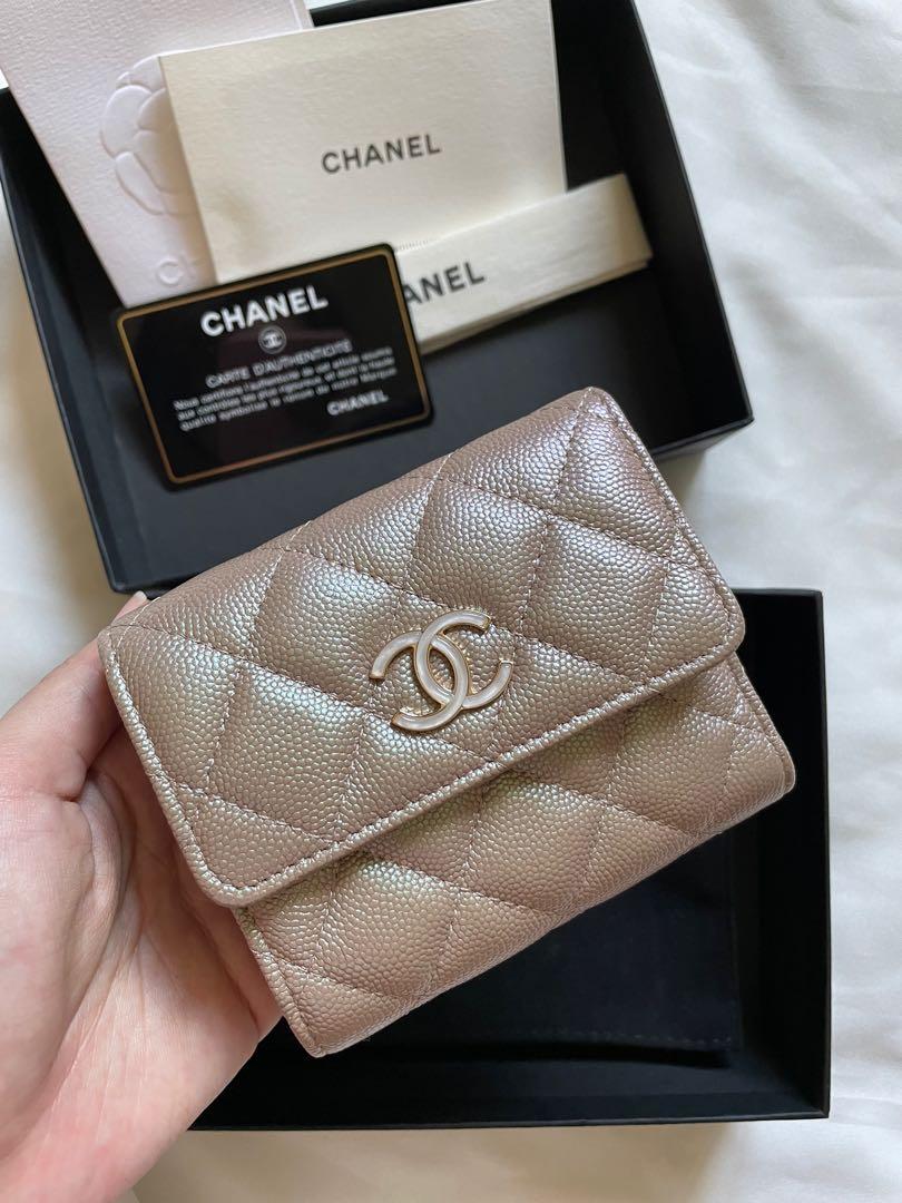 Chanel 19s iridescent beige caviar wallet on chain gold hardware