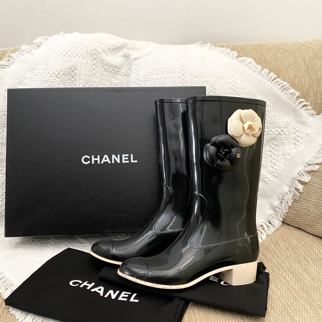 Chanel Camellia Flower Black Rubber Rain Boots