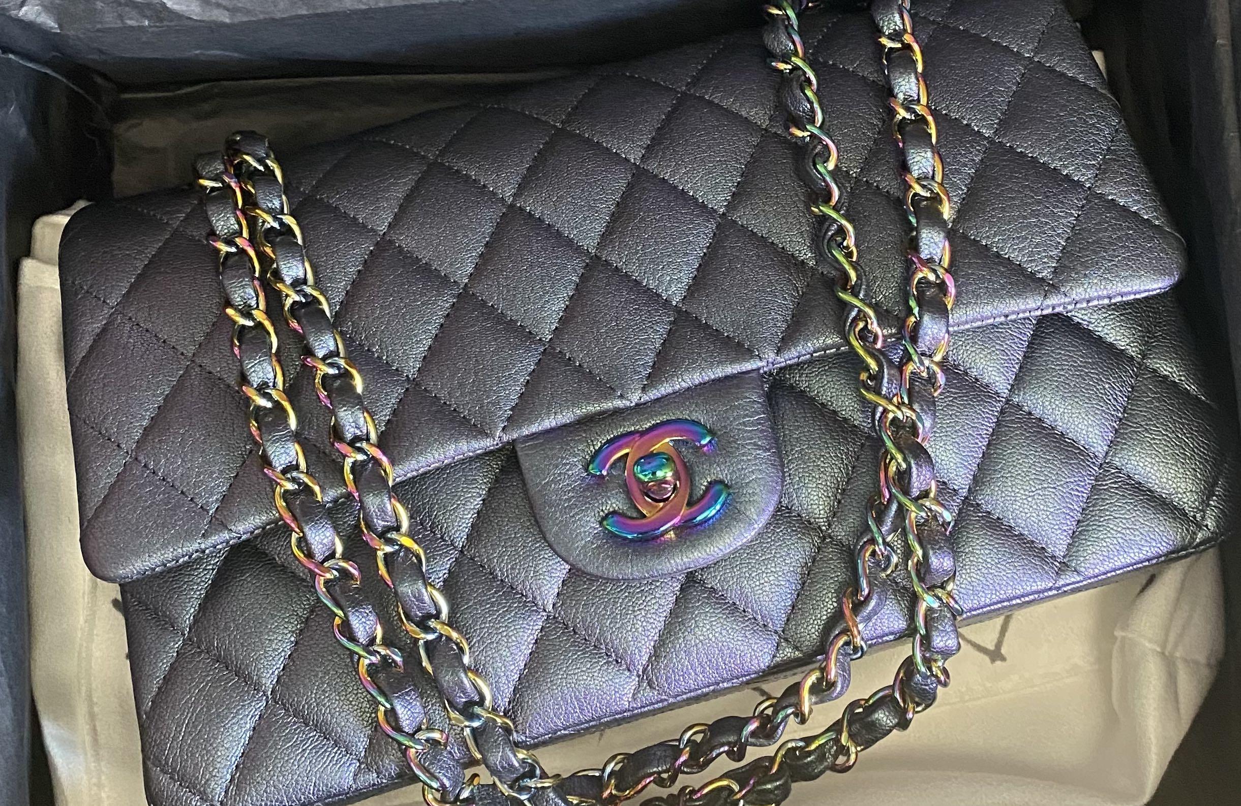 Chanel iridescent purple classic medium, Luxury, Bags & Wallets on Carousell