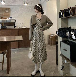 Checkered Beige/Khaki Long Dress