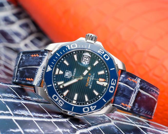 Handmade Handstitched Watch Strap In Stained Blue Snowflakes Crocodile Leather For Client s Tag Heuer Calibre 5 Watch