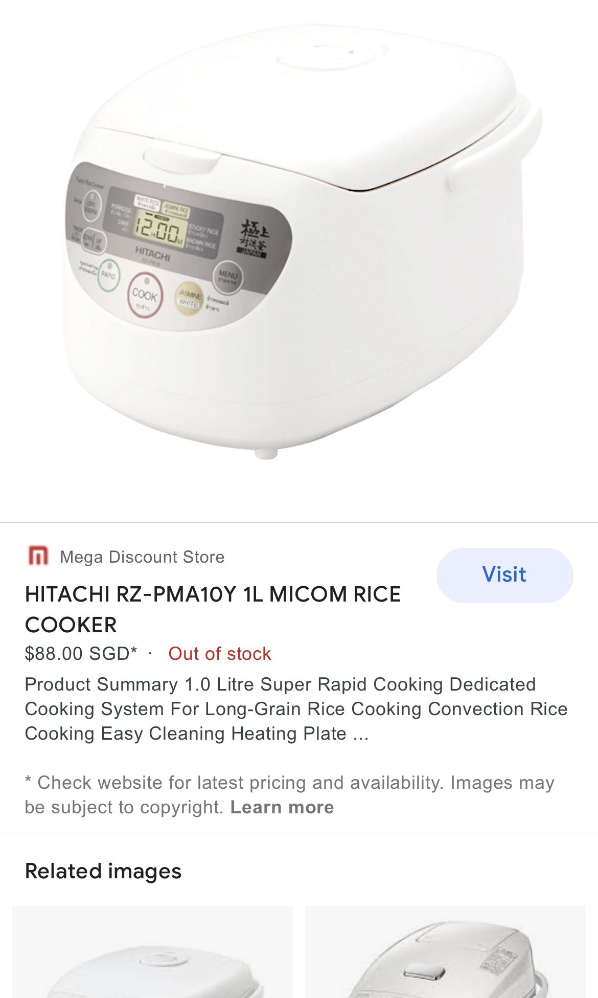 HITACHI RZPMA10Y 1L RICE COOKER, TV & Home Appliances, Kitchen