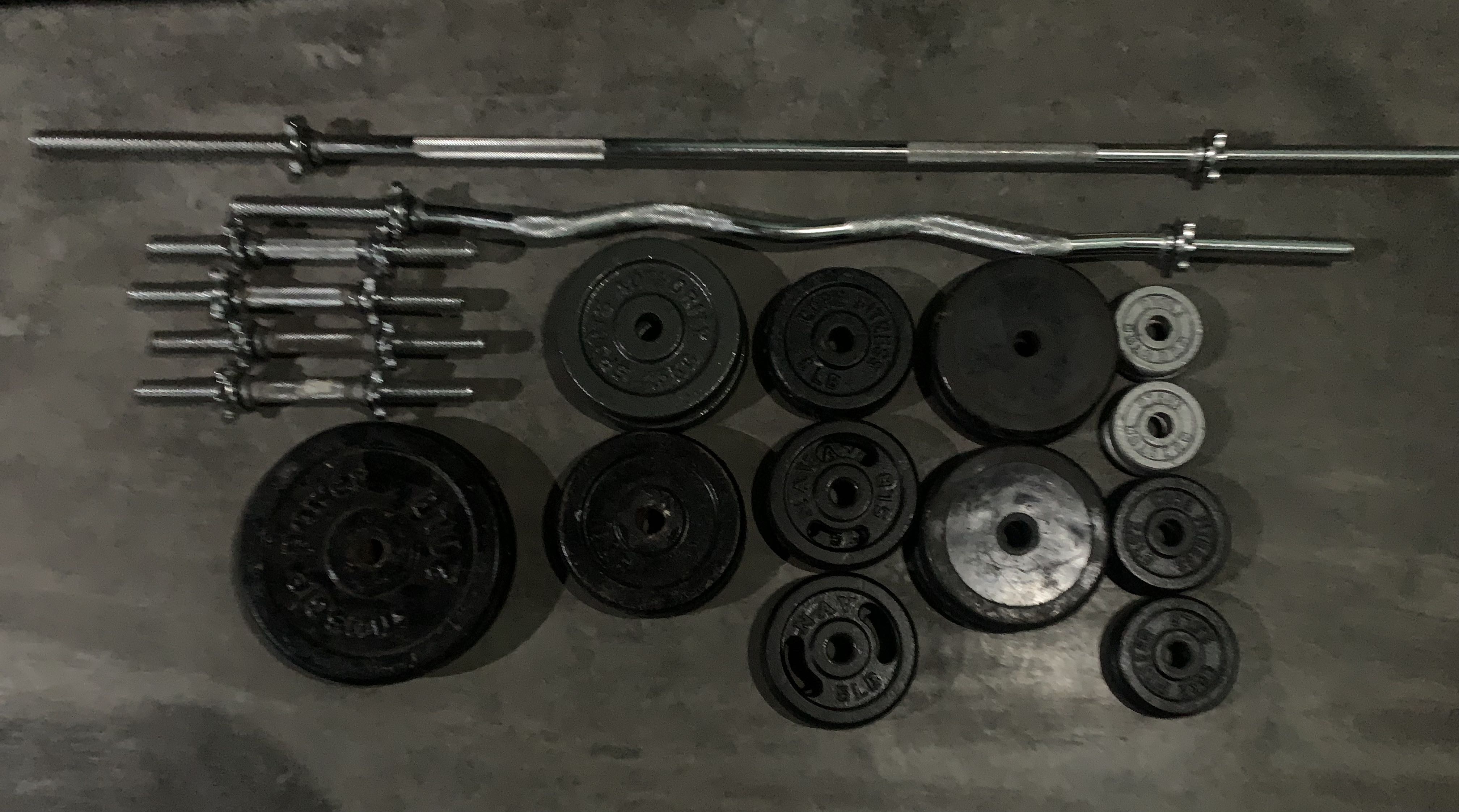 PACKAGE USED BAR AND WEIGHTS, Sports Equipment, Exercise & Fitness