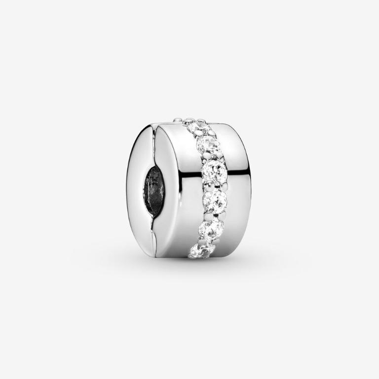 Pandora Moments Heart Clasp Snake Chain Bracelet and Clear Sparkling Row Clip Charm