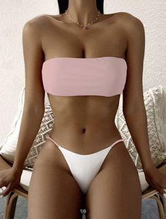 Pink Two Tone Bandeau Thong Bikini Swimsuit (Baby pink)