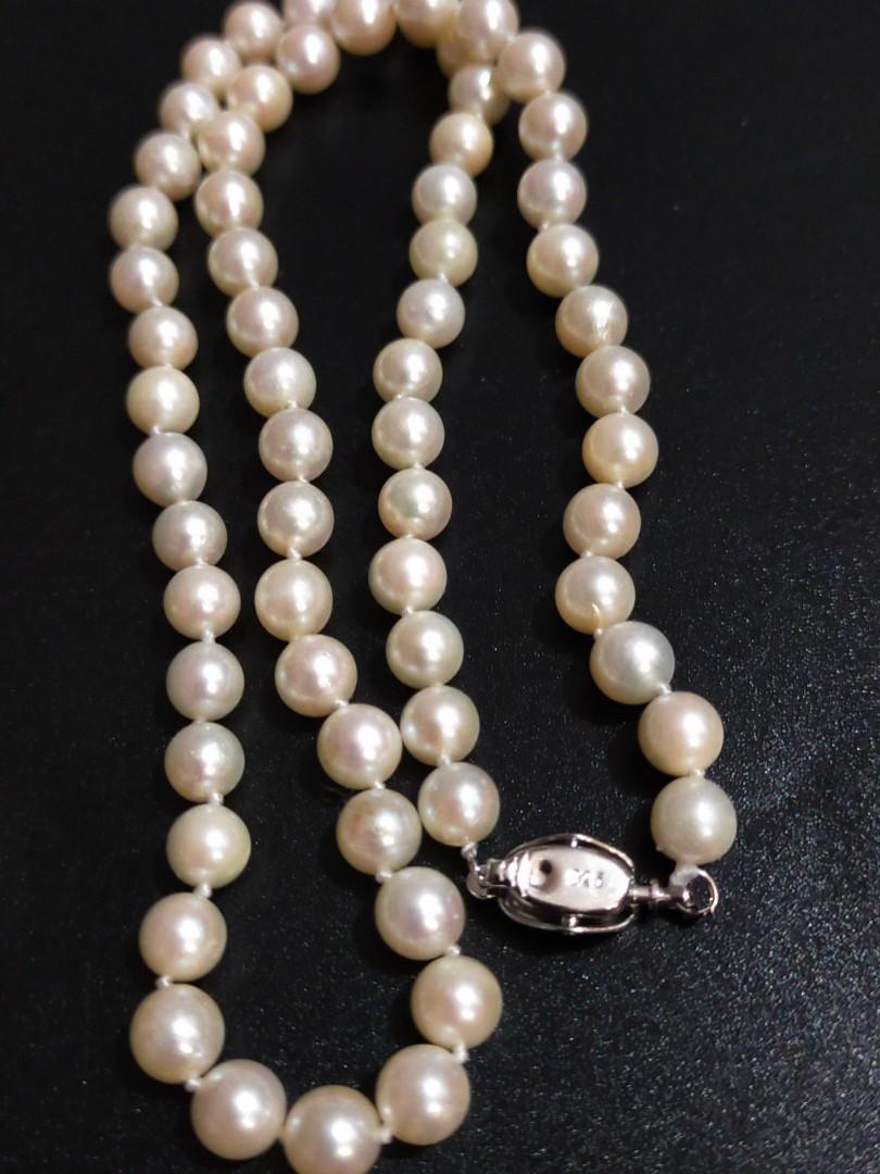 5-6mm White Round Pearl Pendant Necklace for Women Chokers 18" & Green Cloisonne