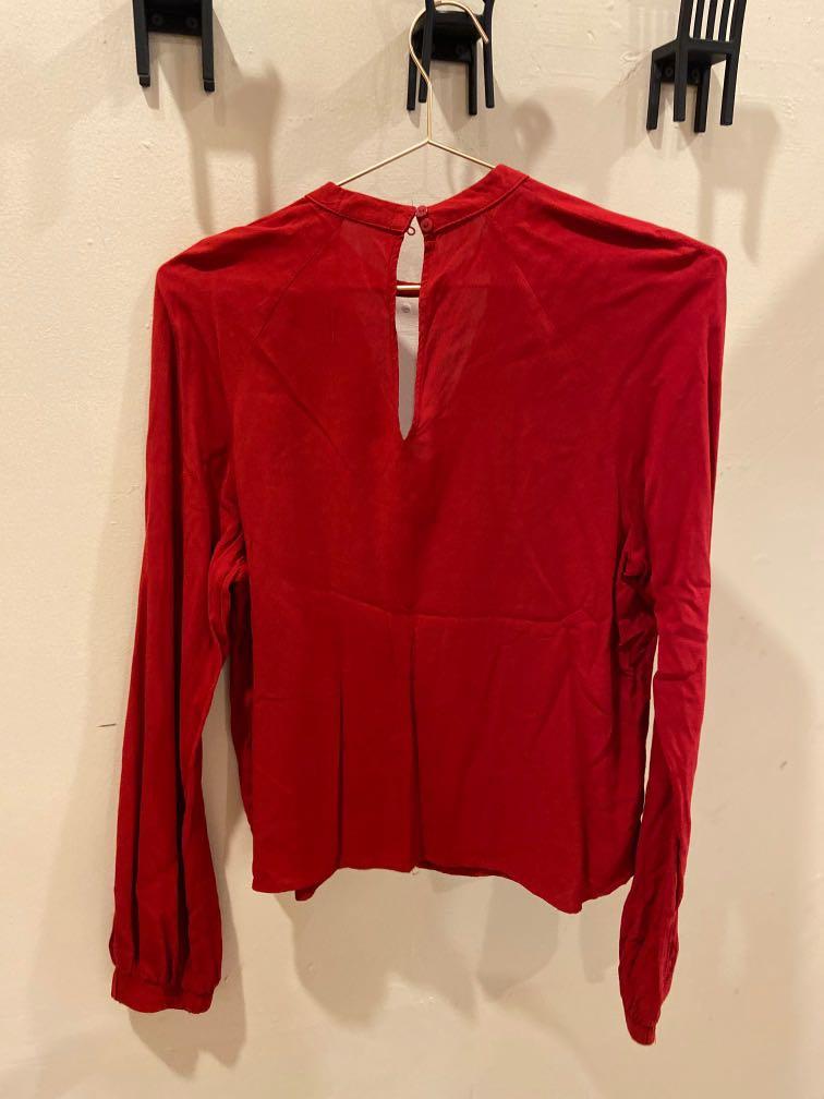 Bershka Red Blouse / Kemeja Tangan Panjang Merah, Fesyen Wanita
