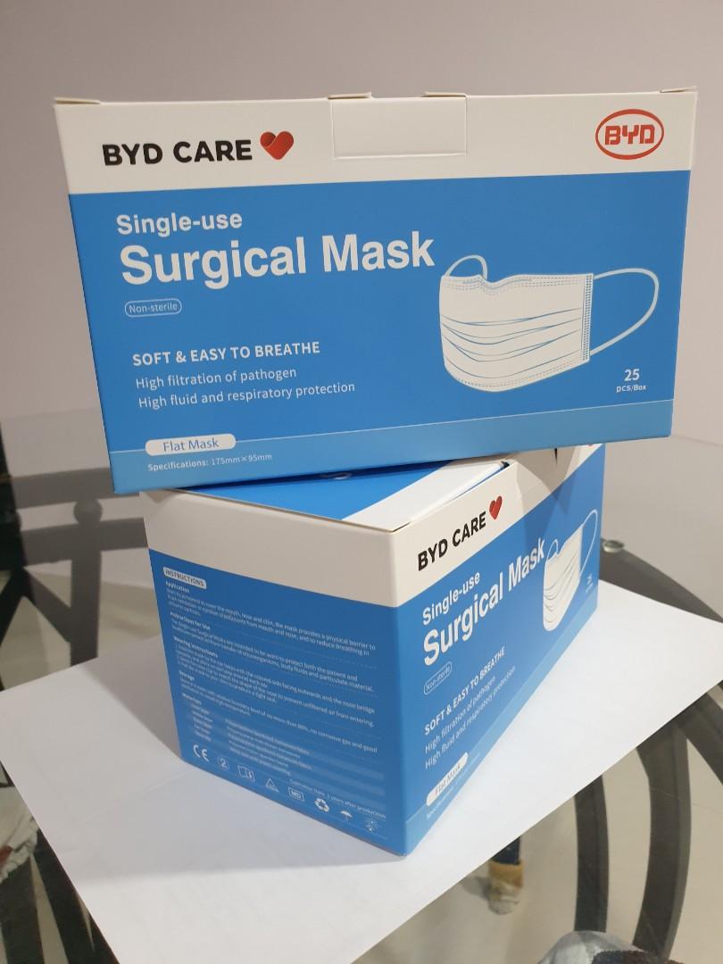 BYD Care Single Use Surgical Mask 25pcs/box x2 Box, Health & Nutrition
