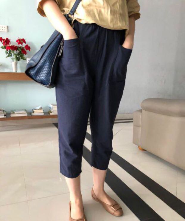 Donker Blue Linen Pants, Fesyen Wanita 