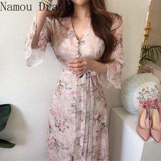 elegant floral pink chiffon dress