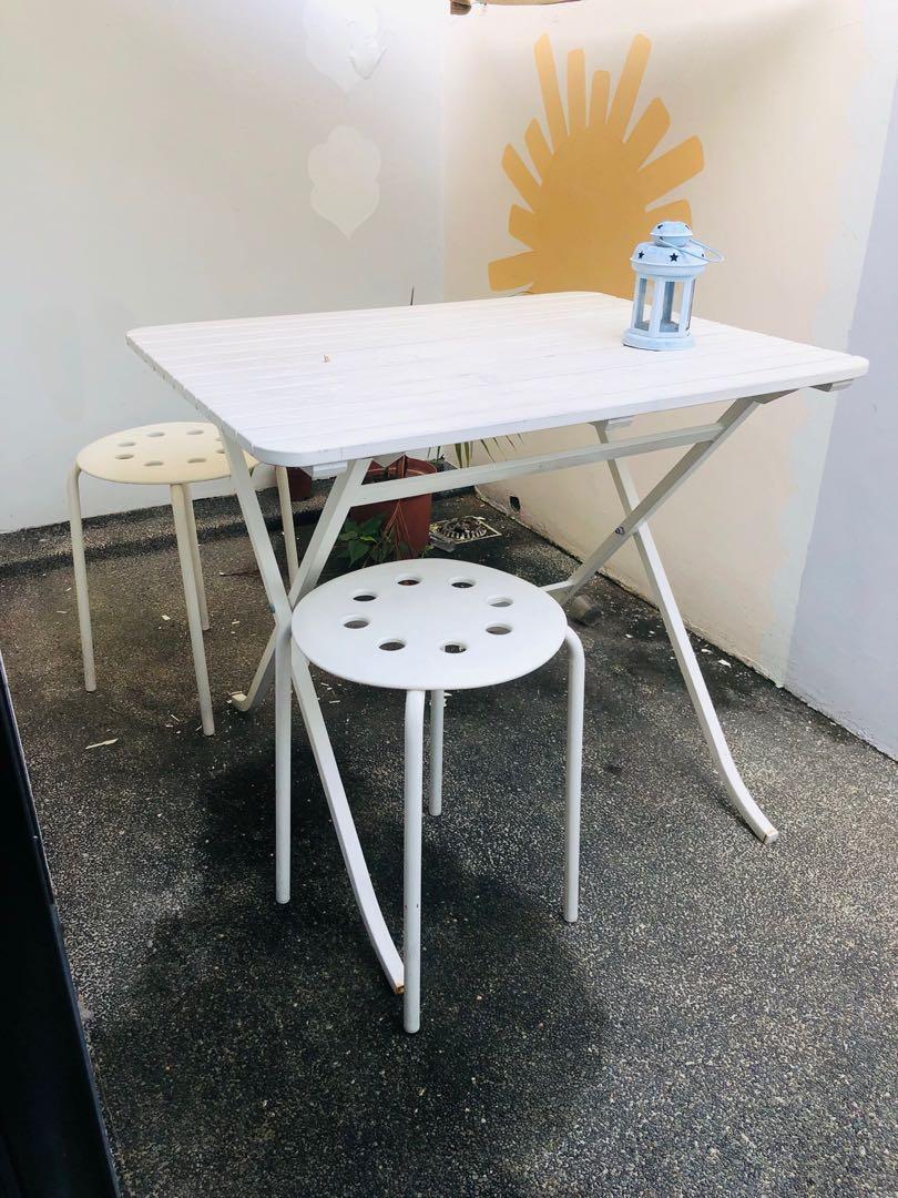 IKEA white folding table and 2 stools, Furniture & Home Living