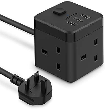 JSVER Extension Lead with 3 USB Slots 15.5W 2 Outlet Power Strip Surge Protected 