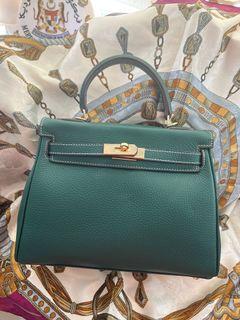 Leather top handle forest green bag