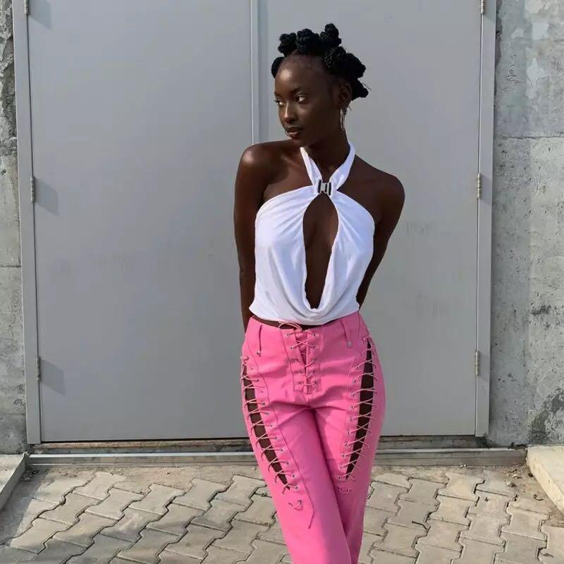 Pink leather lace up pants online