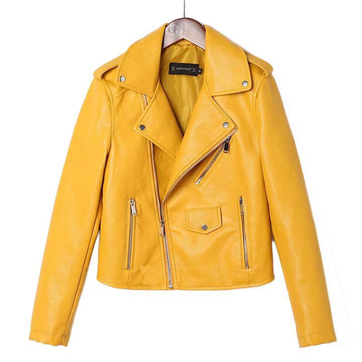 yellow leather coat