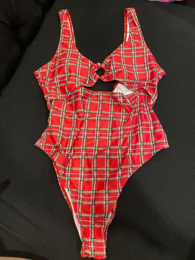 Zaful Red Plaid 1 piece Swimsuit XL Women s Fashion Swimwear