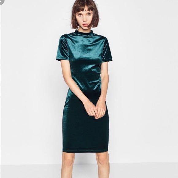 Green velvet midi dress zara clearance