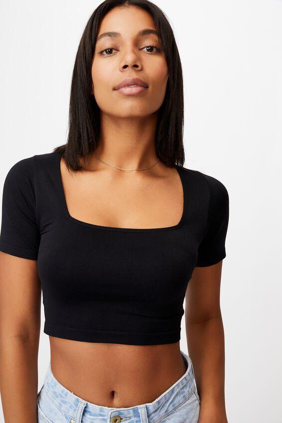 💙 Cotton On Sadie Square Neck Seamless Tee in Black, Women's Fashion, Tops,  Blouses on Carousell