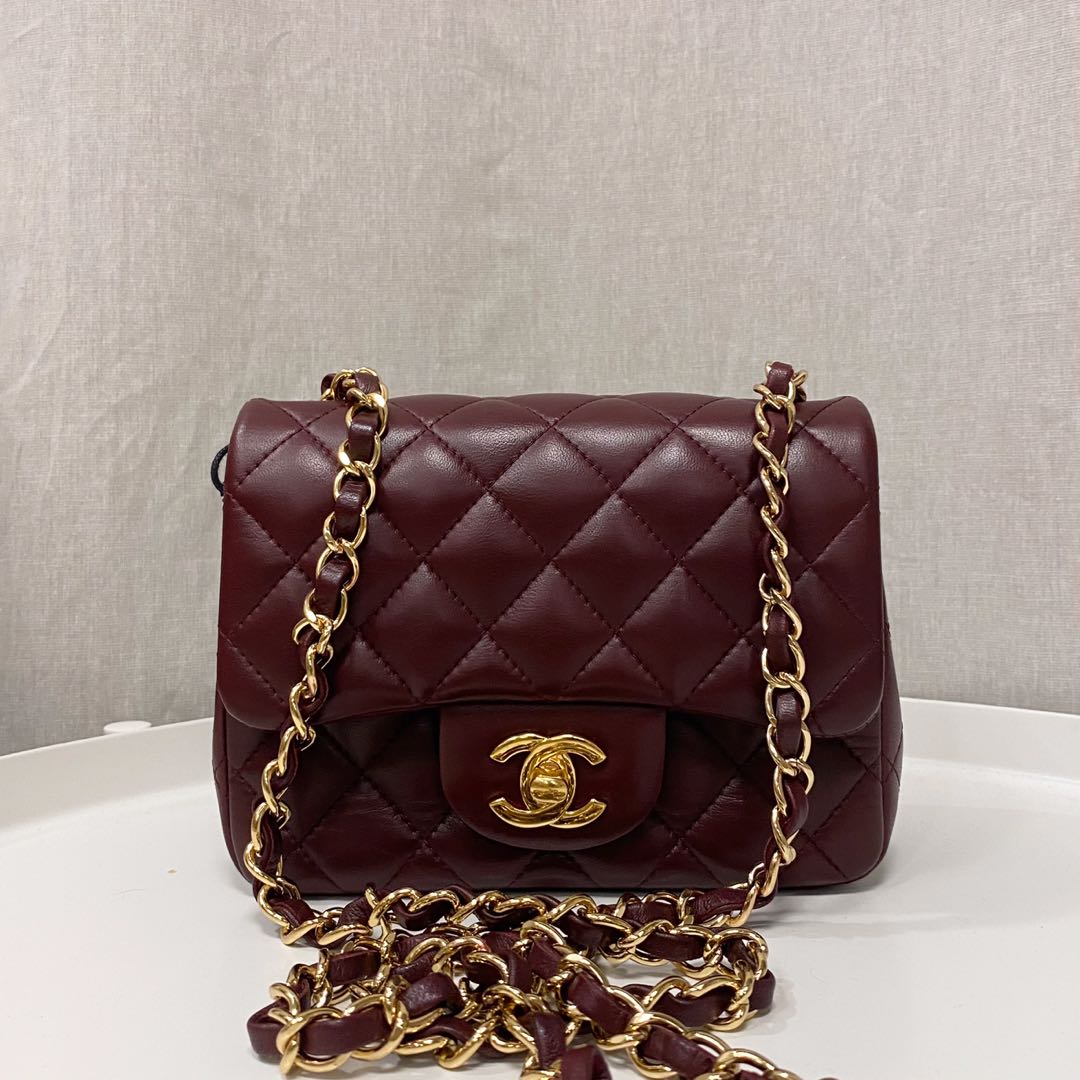 Chanel Classic Mini Rectangle Flap in 15B Burgundy Red Lambskin GHW   Brands Lover