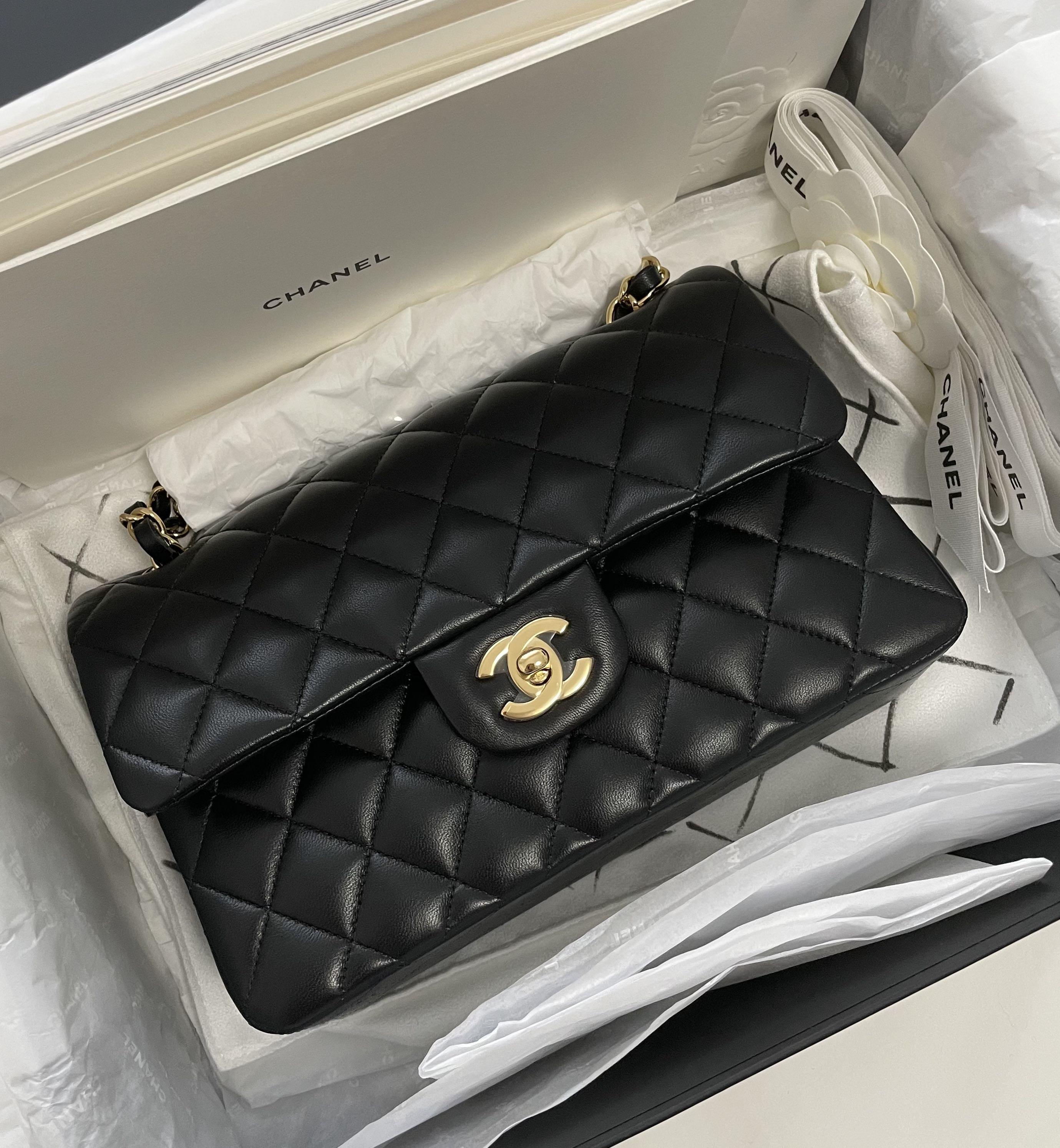 CHANEL So Black Small Classic Double Flap Black Pearly Lambskin RARE 23B