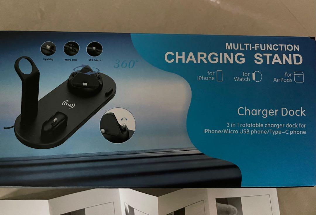 Multi-Function Charging Stand (Category: Chargers & Cables) located in Singapore. Submitted by lwping1891 (Listing ID 1123787037, Image 3). Description: brand new in box, 3 in 1 rotatable charging dock for iPhone/micro USB phone/Type C phone. white in color. apple user can use it to charge iPhone, iWatch and Airpods concurrently. there is also a wireless charging point in the center of the dock. do note that you need to insert your own iWatch cha