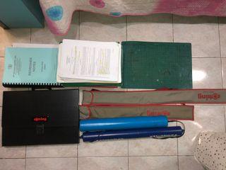 Rotring T-square, Artist Bag, architecture board exam reviewers, cutting mat, paper canisters